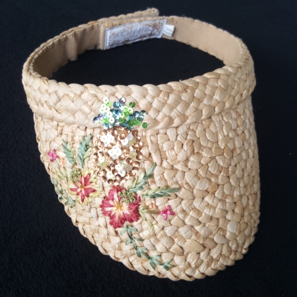 CAPPELLI 🍍 Sweet Vintage Sequin Pineapple 'n Floral Straw Sun Visor Velcro Hat - Picture 1 of 12